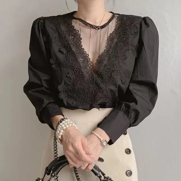 Black lace blouse mesh puff sleeve long sleeve shirt womens - Picture 5 of 5